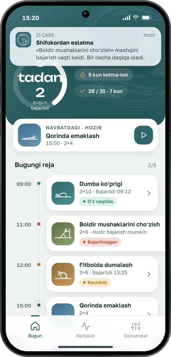 ZI Care ilovasi ekrani: bugungi mashqlar rejasi va shifokor eslatmasi